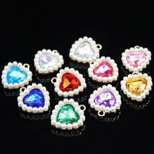 18mm alloy heart crystal pearl pendants colorful DIY jewelry making charms crafts.