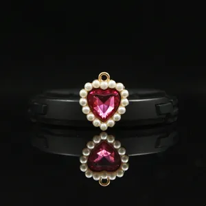 Pink crystal heart pendant with pearl border, gold alloy DIY accessory for jewelry making.