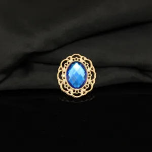 Gold alloy oval blue rhinestone decorative buckle DIY vintage craft accessory detail close-up view