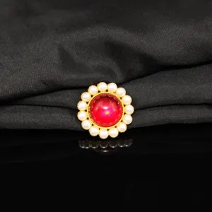 Red gemstone pearl alloy accessory detail view for DIY bridal hair pieces and round fans.