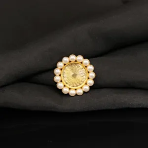 Gold alloy round base with white pearl trim DIY jewelry accessory for bridal hair accessories detail.