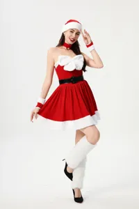 Vestito da costume di Natale rosso sexy senza spalline per donna con pelliccia sintetica.