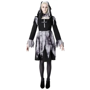 Sexy Gothic Nun Cosplay Costume Women Halloween Dark Distressed Long Dress With Headpiece And Neck Accessory Party Outfit
