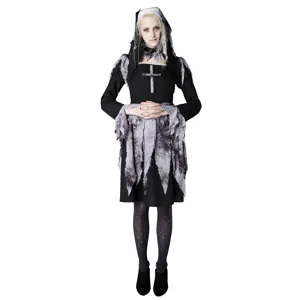Spooky nun Halloween costume with cross detail, perfect for gothic party cosplay events.