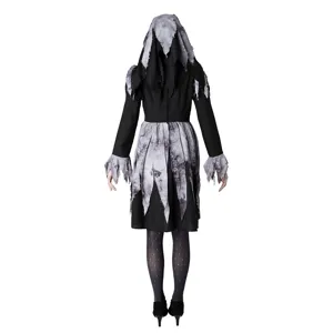 Spooky Halloween nun costume cosplay dress with ragged grey veil and black dress for women.