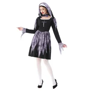Sexy Nun Costume Halloween Cosplay Dress Cross Headpiece Party Outfit Women Fancy Dress