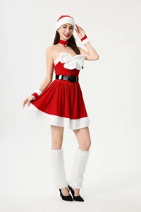 Sexy costume da Babbo Natale rosso abito corto senza spalline con pelliccia sintetica e fiocco.