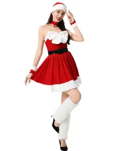 Sexy abito rosso da Babbo Natale senza spalline da donna elegante per feste natalizie.
