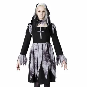 Halloween spooky nun costume cosplay dress with cross and veil for horror party performance.