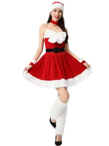 Donna sexy costume da Babbo Natale abito rosso senza spalline per festa di Natale