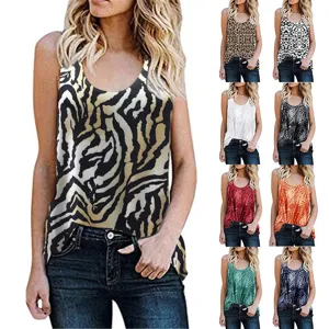 Collection of sleeveless women's tank tops featuring leopard and floral prints in varied colors