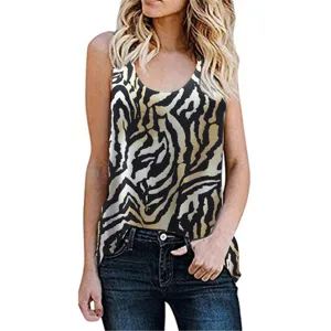 Front view of women's sleeveless tank top featuring a bold brown and black tiger animal print