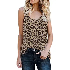 Women's sleeveless leopard print tank top with a crew neck for casual summer wear
