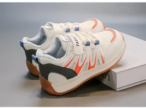 Detailed view of breathable mesh children's sneakers with orange accents