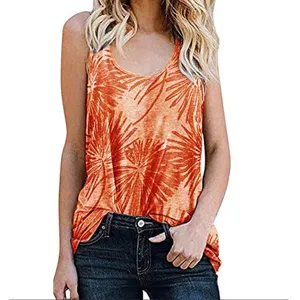 Casual sleeveless tank top for women with vibrant orange palm leaf pattern print