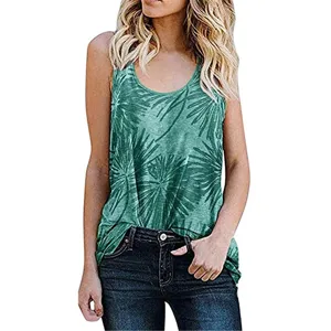 Women's casual sleeveless tank top featuring a vibrant green tropical leaf print