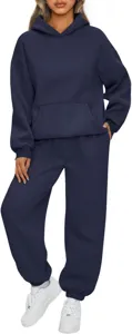 Tuta sportiva da donna blu navy, set a due pezzi con felpa con cappuccio e pantaloni