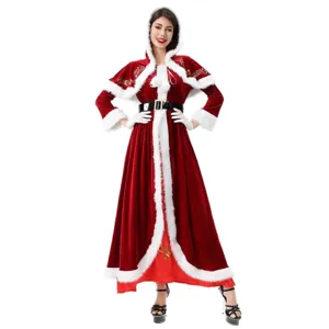 Disfraz de Papa Noel para mujer, vestido largo de terciopelo con capa con capucha.