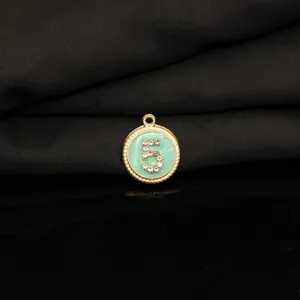 Gold zinc alloy mint green enamel rhinestone number 5 round charm DIY jewelry making pendant