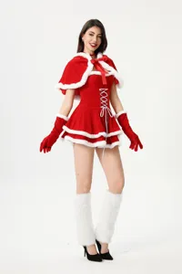 Sexy Christmas Santa costume featuring a red velvet cape dress and fluffy white fur trim.
