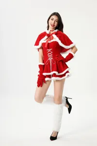 Sexy Christmas Santa costume set with red cape dress, white faux fur trim and leg warmers.