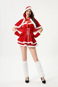 Sexy Christmas Santa costume outfit with cape, dress, gloves, and boot covers for women.