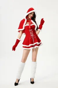 Sexy Christmas cosplay costume set with hooded cape and cute dress for holiday party.
