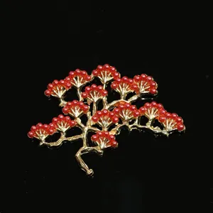 Detailed alloy red pearl pine tree branch accessory for DIY craft hair stick fan decor.