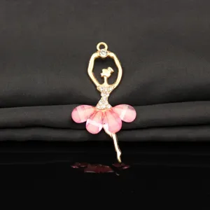 Gold alloy rhinestone ballet dancer pendant detail with pink resin skirt for DIY craft.