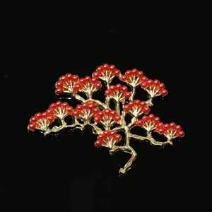 Antique style alloy pine branch DIY hair accessory, golden metal with red beads for crafting.