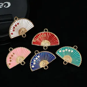 Chinese style alloy enamel fan charms double hanging plum blossom pendants for DIY jewelry making