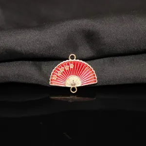 Chinese style red fan metal charm enamel plum blossom double loop pendant DIY jewelry item