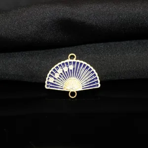 Chinese style fan shape alloy enamel plum blossom pendant detail close-up metal jewelry making part.