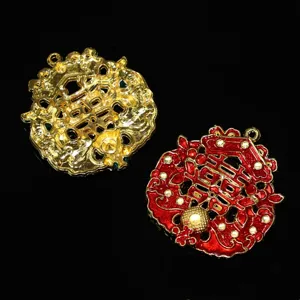 Close-up details of Chinese style double happiness alloy hair accessories DIY material.