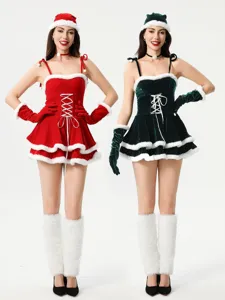 Ensemble robe de costume de Noël sexy avec bordure en peluche, velours, bonnet et jambières.