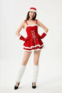 Jolie robe de Noël sexy avec bordures en peluche blanche, bretelles et accessoires.