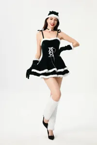 Sexy robe de Noël en velours vert style Lolita avec fausse fourrure blanche pour femme.