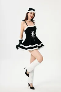 Robe de Noel en velours vert sexy costume de cosplay avec garniture en peluche blanche.