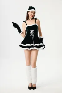 Costume de Noël sexy pour femme, mini robe Lolita en velours vert avec bordure en peluche.