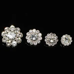 Rhinestone flower metal buttons detail showing sparkling crystal stones in four sizes.