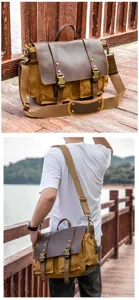 Men vintage canvas leather messenger bag casual shoulder cross body bag for outdoor travel.