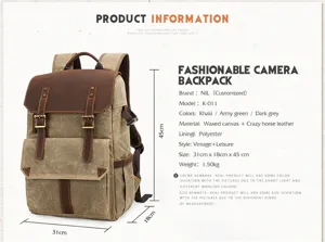 Vintage canvas camera backpack with leather trim, large capacity travel rucksack for DSLR.