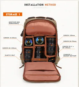 Detailed view of the canvas camera backpack interior with adjustable padded compartments.