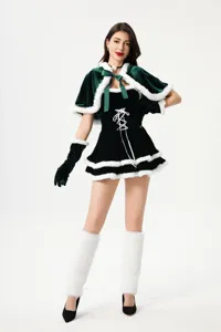 Green velvet Christmas costume set featuring a cozy cape, dress, and faux fur trim details.