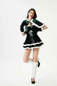 Sexy Christmas costume green velvet cape dress with white faux fur trim for women party wear