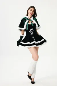 Sexy dark green velvet Christmas costume set with cape, dress, gloves, and plush leg warmers.