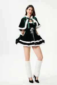 Green velvet Christmas costume set featuring a fluffy white trim cape, dress, and leg warmers.