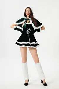 Sexy Christmas costume with green velvet cape dress, hooded design and cute white plush trim.