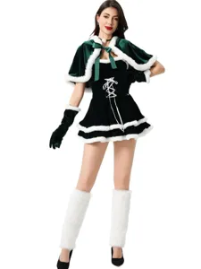Sexy Christmas costume green velvet dress with cape and faux fur trim for holiday parties.