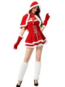Sexy Christmas Santa costume set with hooded cape dress gloves and leg warmers for women.